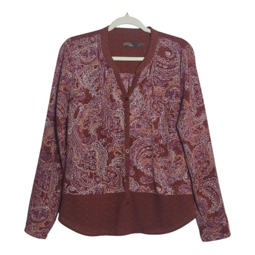 Prana Large Burgundy Paisley Button Down Shirt Boho Chic Cottagecore Lightweight